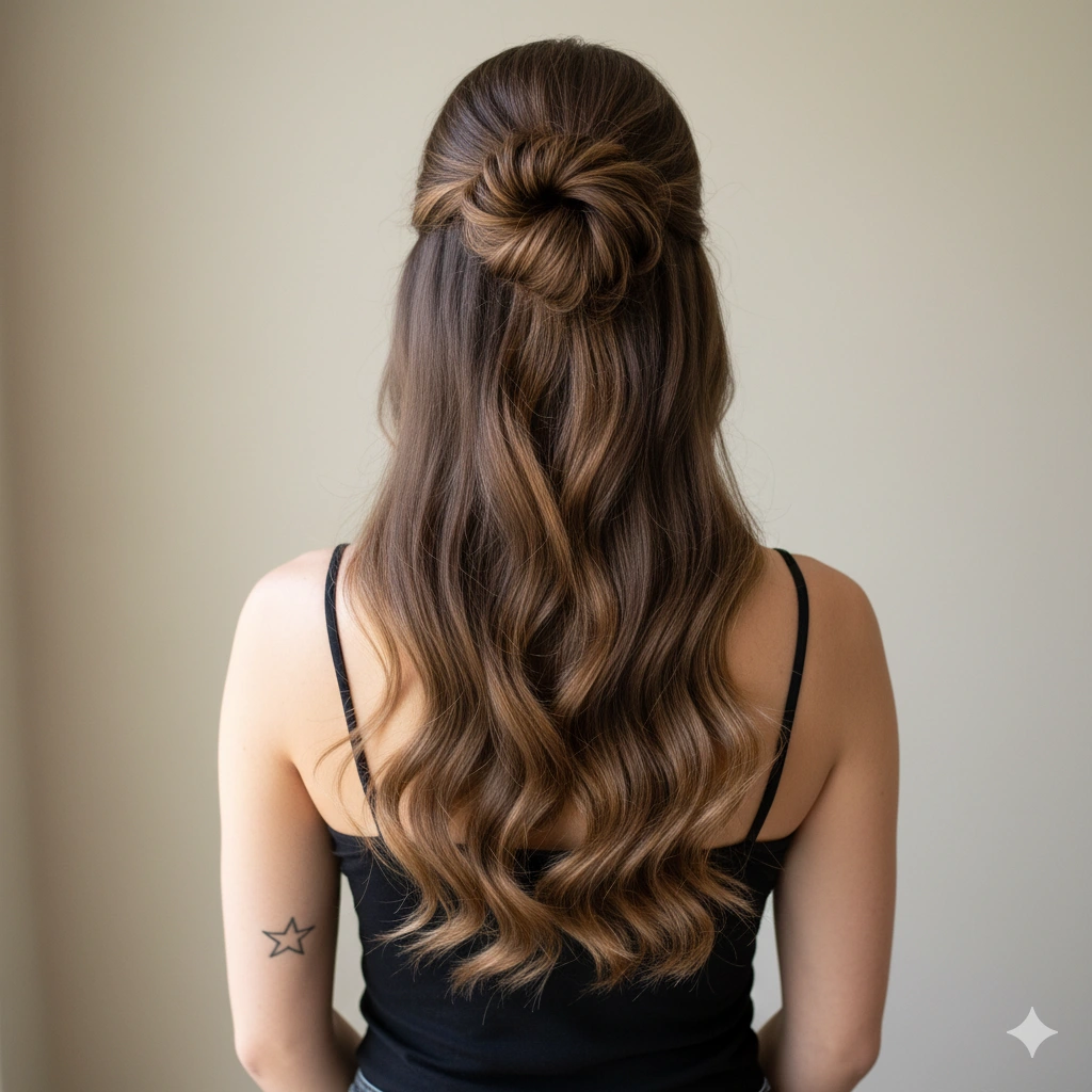 Half-up knot o semi nudo alto, peinado fácil y moderno para cabello liso.
