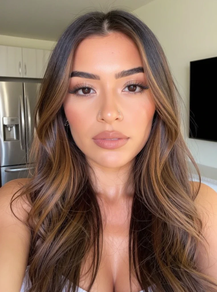 Mujer morena con mechas balayage en tonos miel y caramelo para iluminar el rostro"