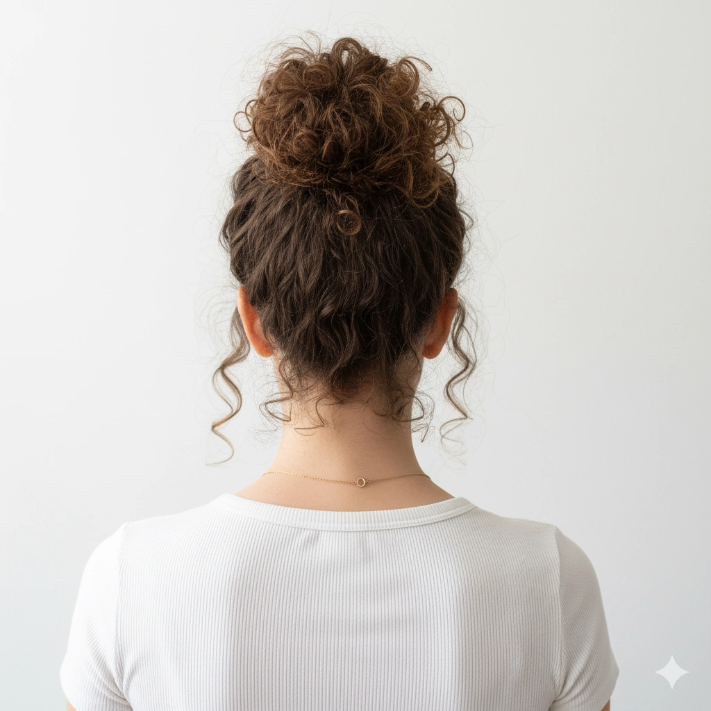 Moño alto despeinado, peinado fácil para pelo rizado o liso con efecto natural.