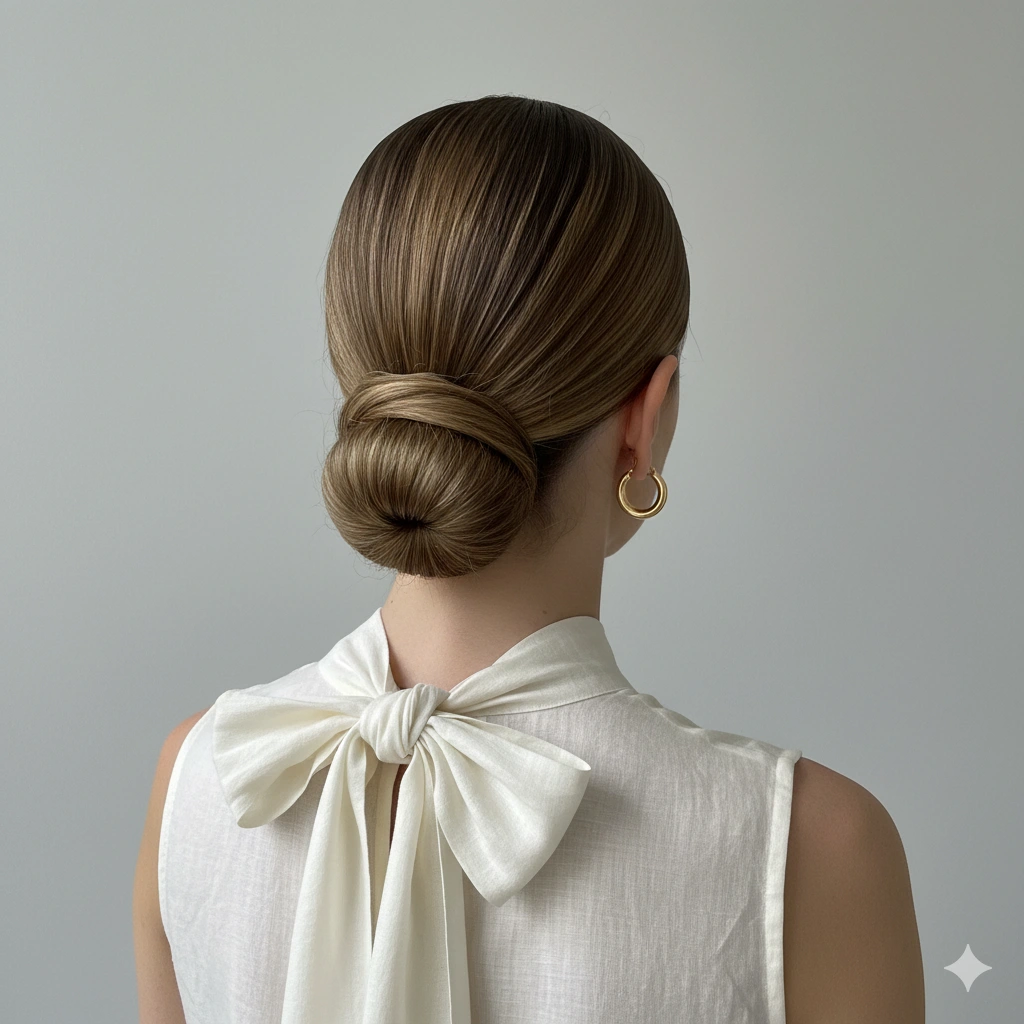 Moño bajo pulido, peinado fácil para boda o evento formal.