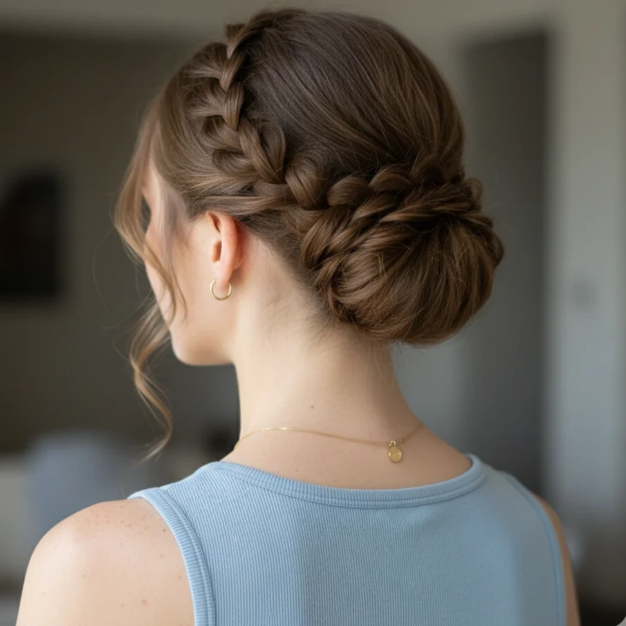 Moño con trenza lateral, peinado fácil para fiestas con un toque elegante.