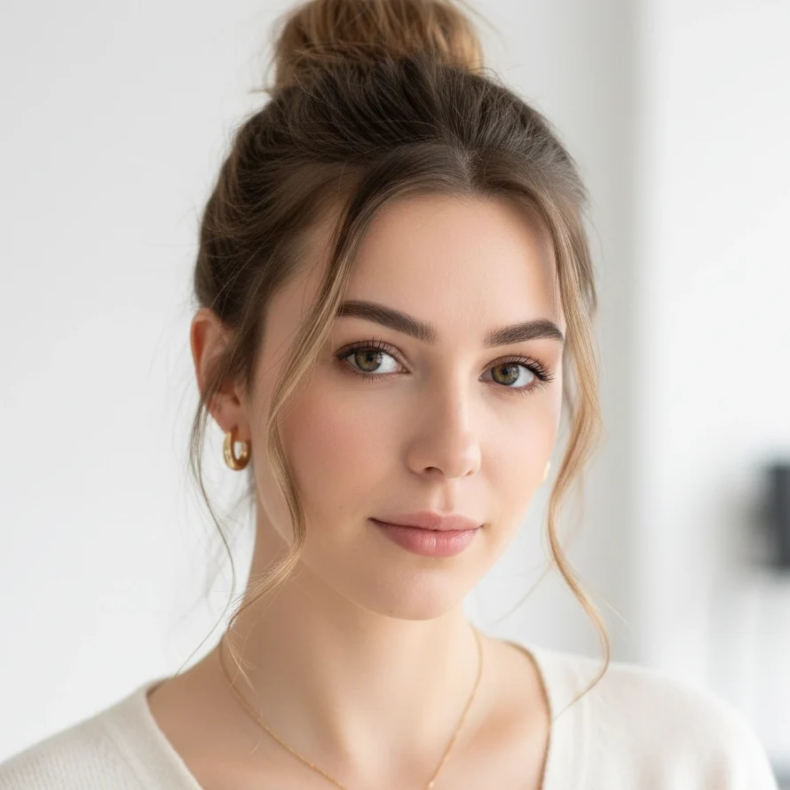 Moño despeinado medio alto, un peinado fácil y rápido para media melena con estilo natural.
