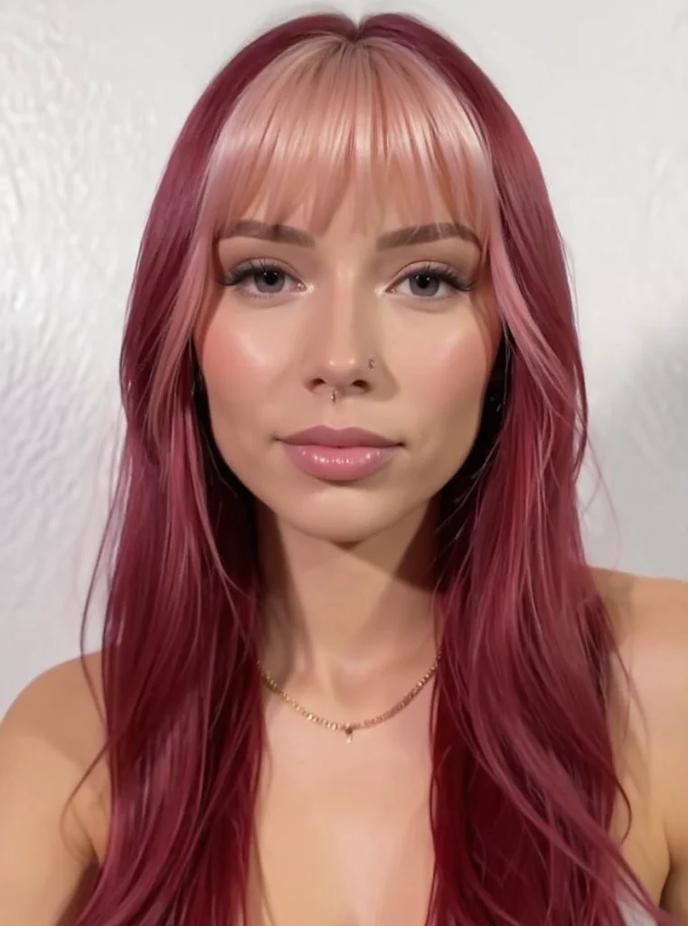 Tinte fantasía en tono rosado pastel para piel morena con flequillo recto