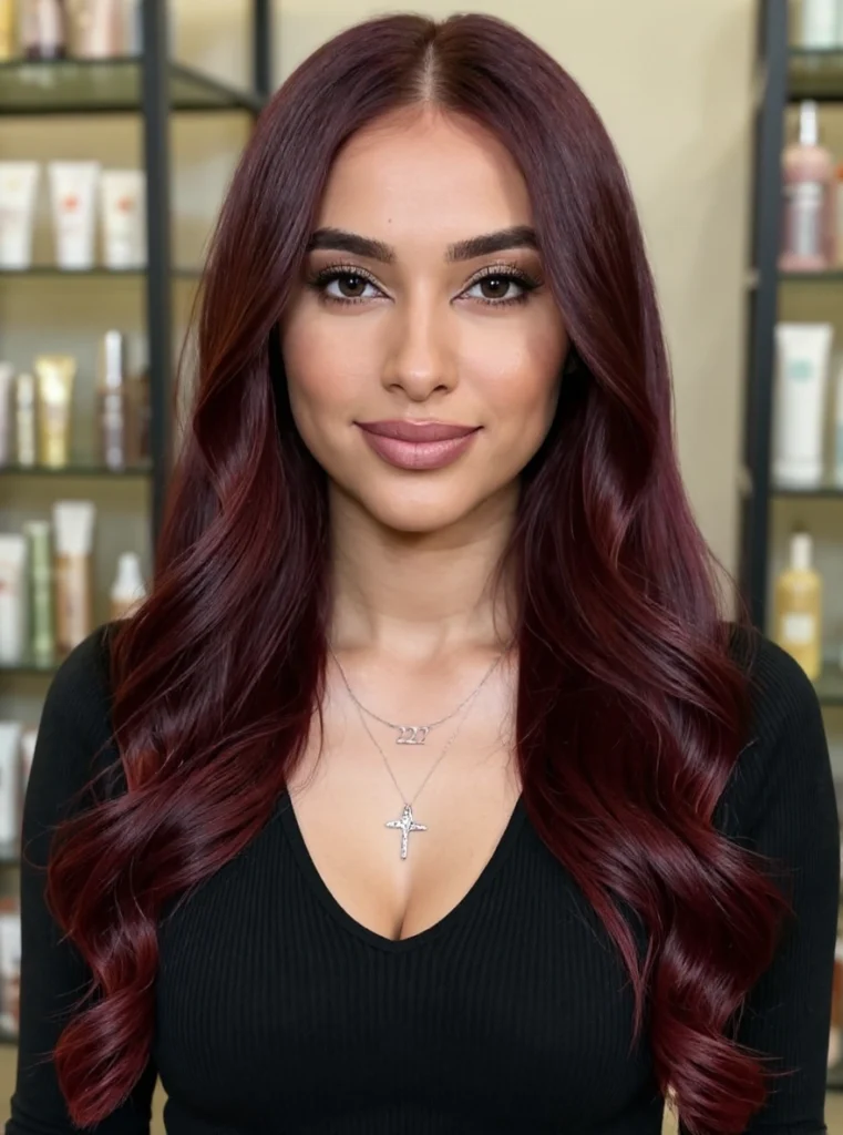 Cabello teñido en tono vino profundo para piel morena con acabado elegante
