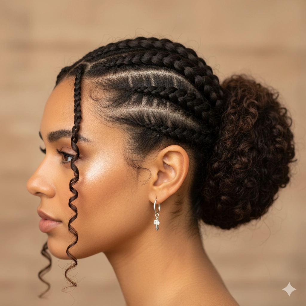 Trenzas finas laterales, peinado sencillo para cabello rizado corto con estilo boho.