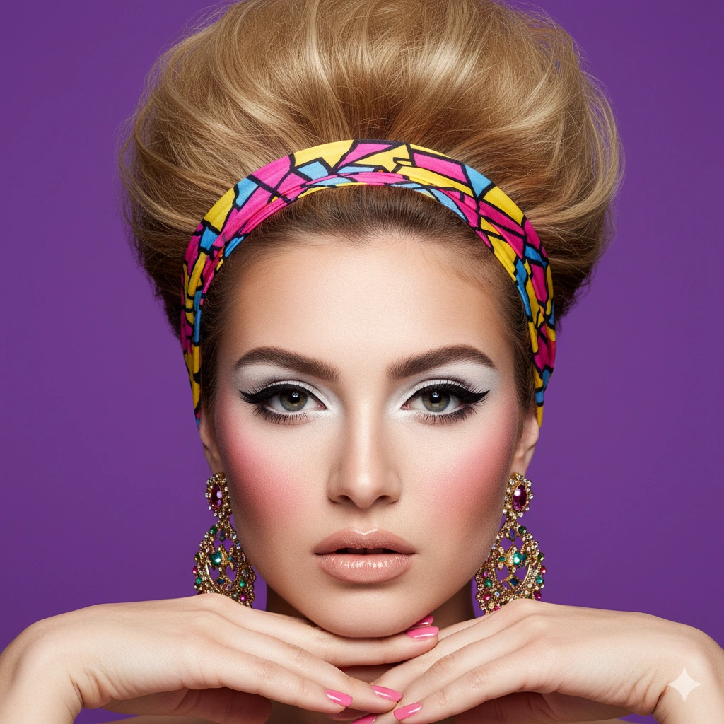 Peinado voluminoso estilo años 80 en mujer con recogido alto