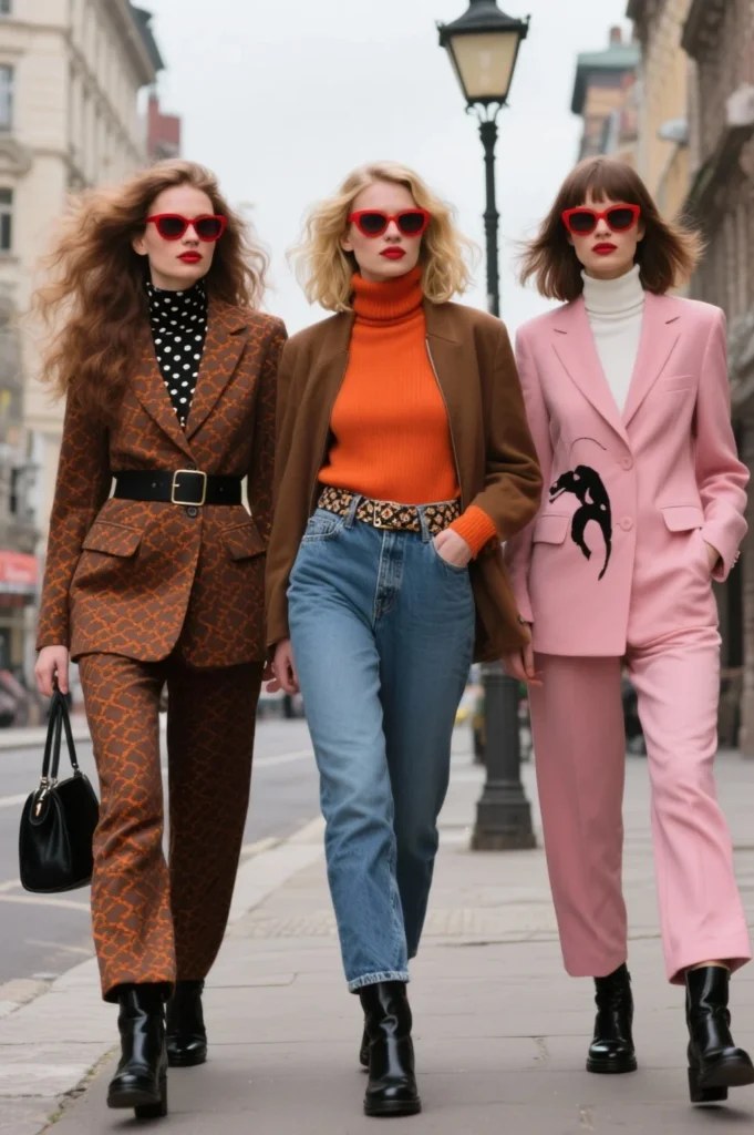 Estilo de moda femenina inspirado en los años 80 con colores vibrantes y accesorios retro