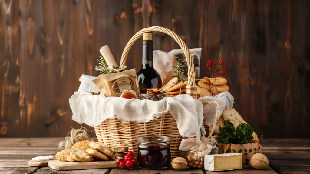 Cesta navideña con quesos, vinos, mermeladas ideal para regalo navideño