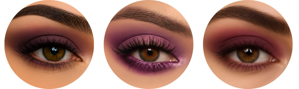 Sombras en tonos berenjena, violeta y ciruela que realzan la intensidad de los ojos marrones GlowUp
