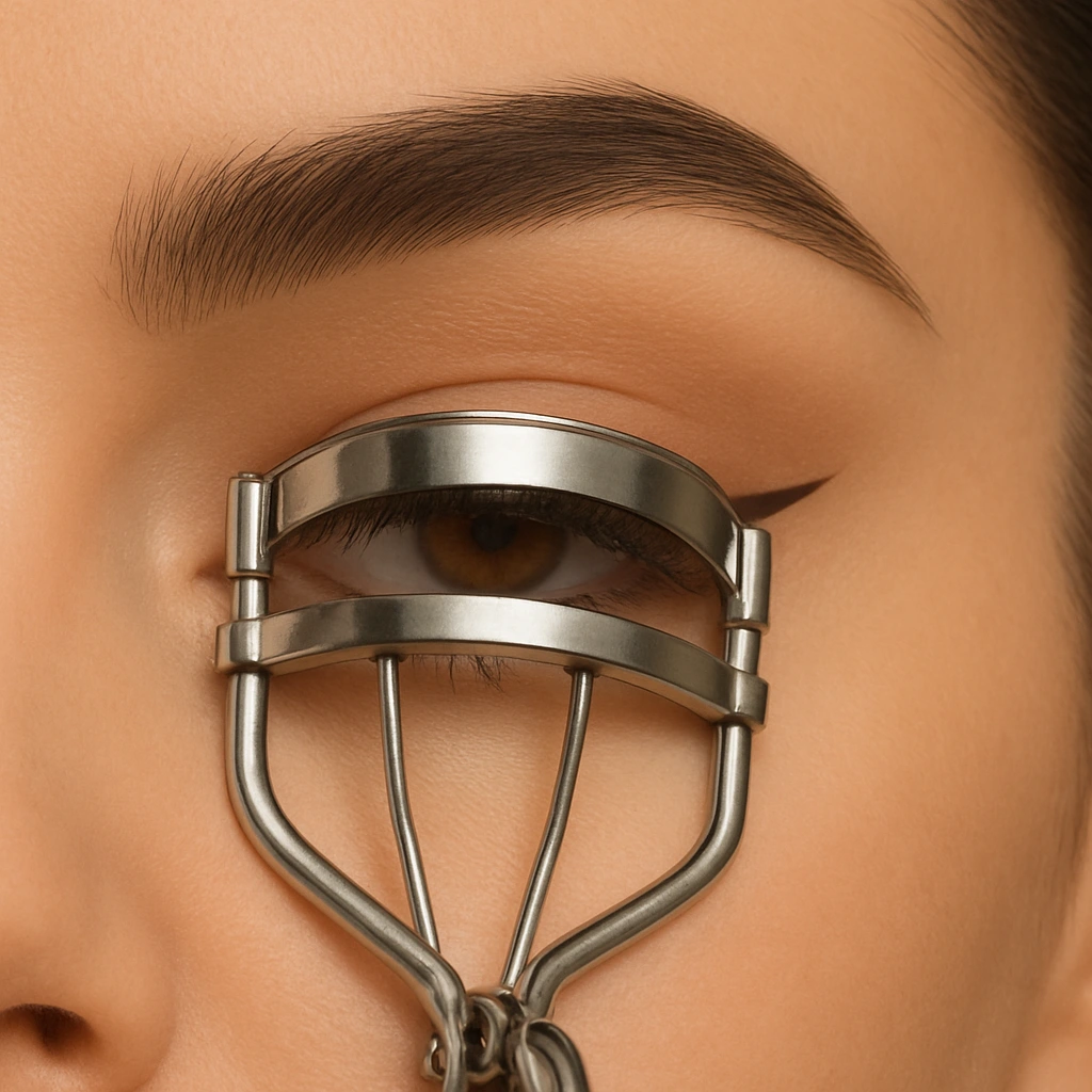 Uso de rizador de pestañas para realzar la mirada en maquillaje de ojos marrones GlowTíni