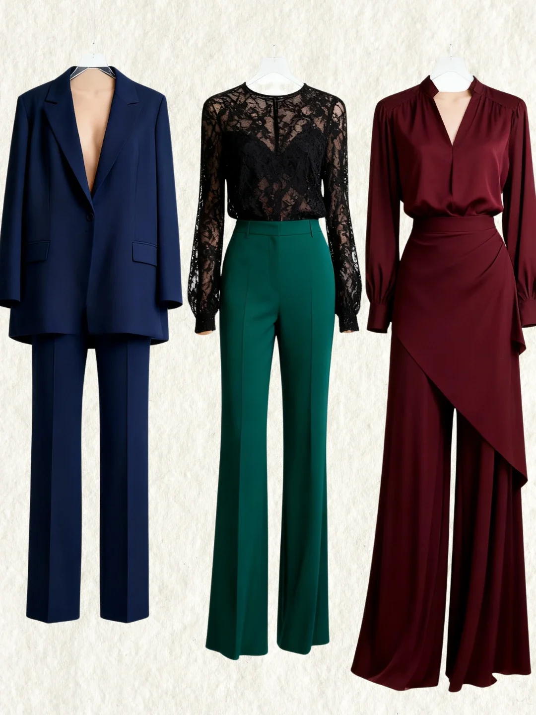 Outfits mujer nochevieja: traje, encaje y burdeos chic