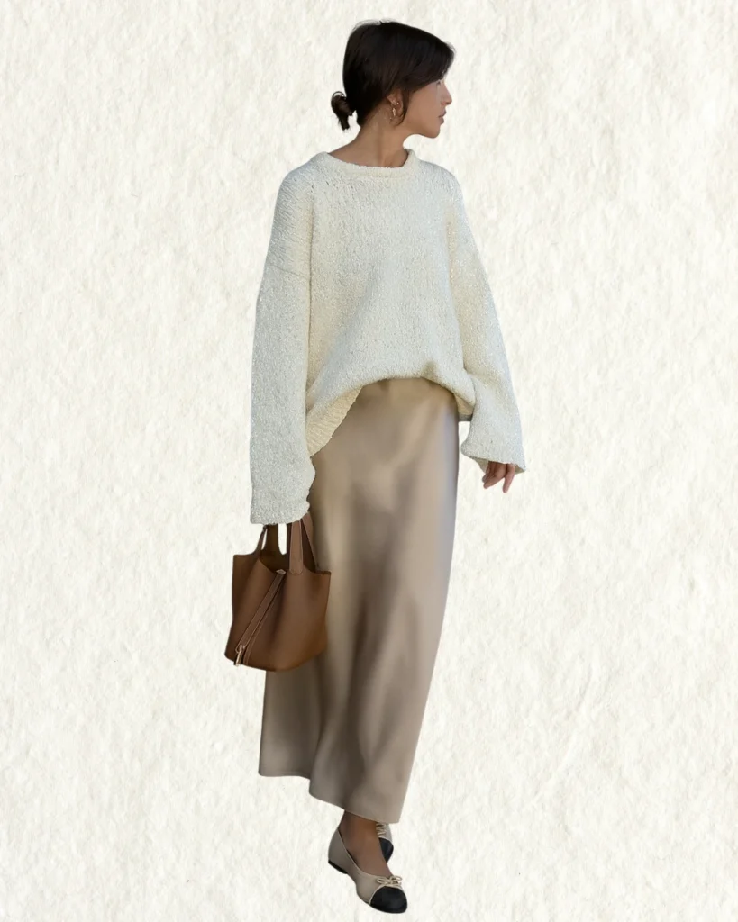 Outfit Nochevieja con jersey brillante y falda de satén