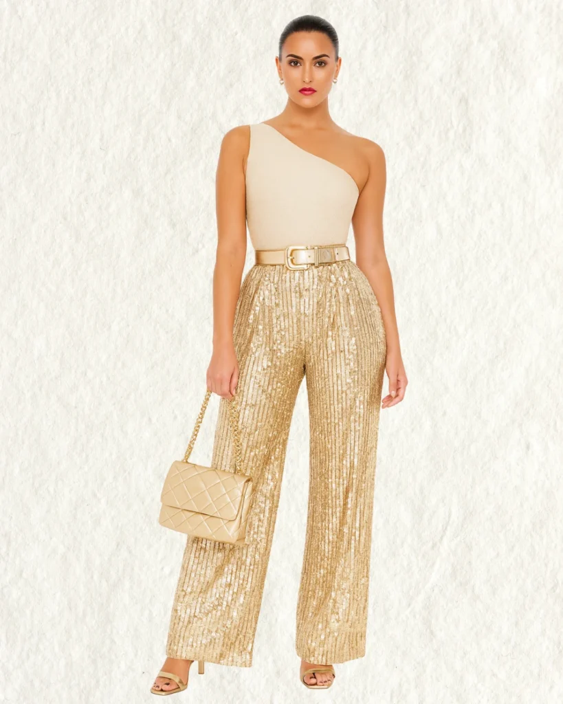 Outfit Nochevieja con pantalón dorado de lentejuelas