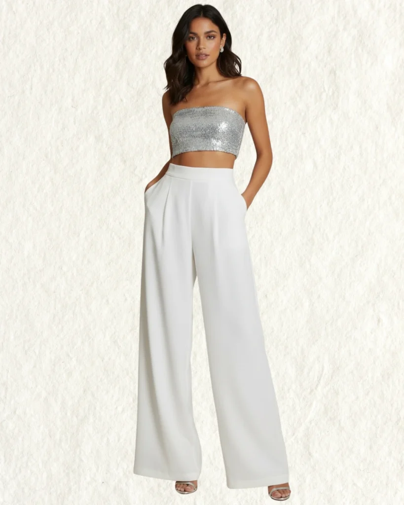 Outfit Nochevieja con top plateado y pantalón blanco