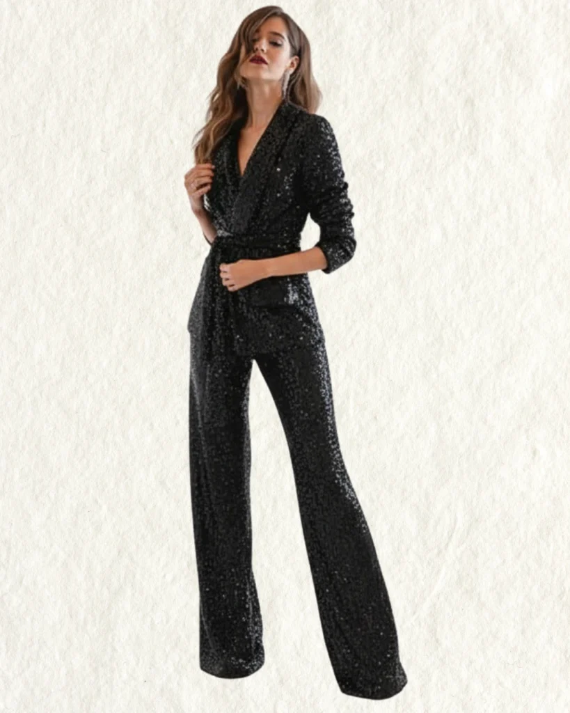 Outfit Nochevieja con traje negro de lentejuelas