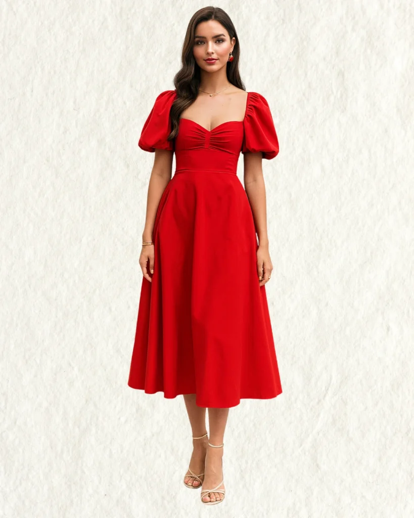 Outfit Nochevieja con vestido rojo midi y sandalias