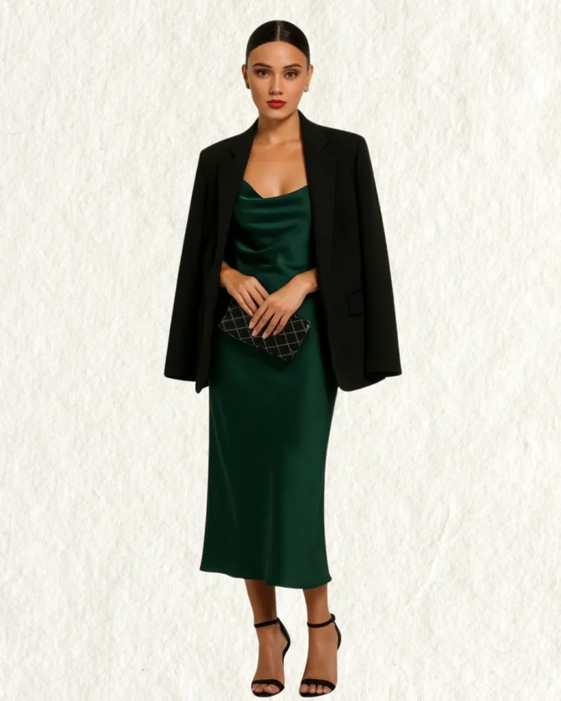 Outfit Nochevieja con vestido verde y blazer negro