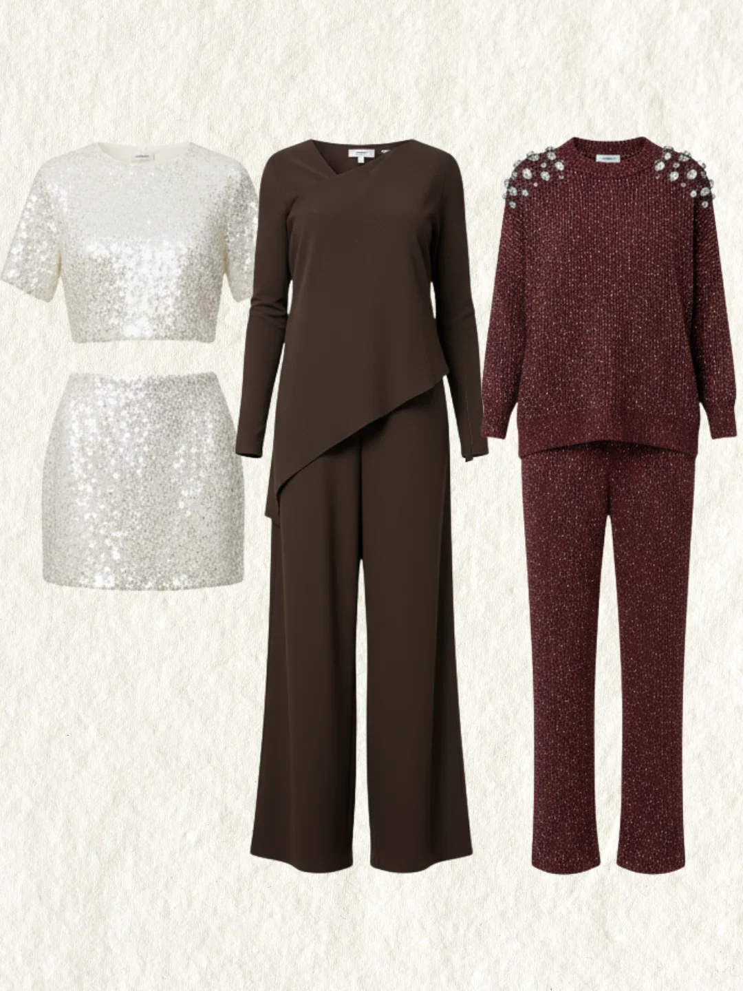 Outfits mujer nochevieja: plateado, burdeos y marrón chic