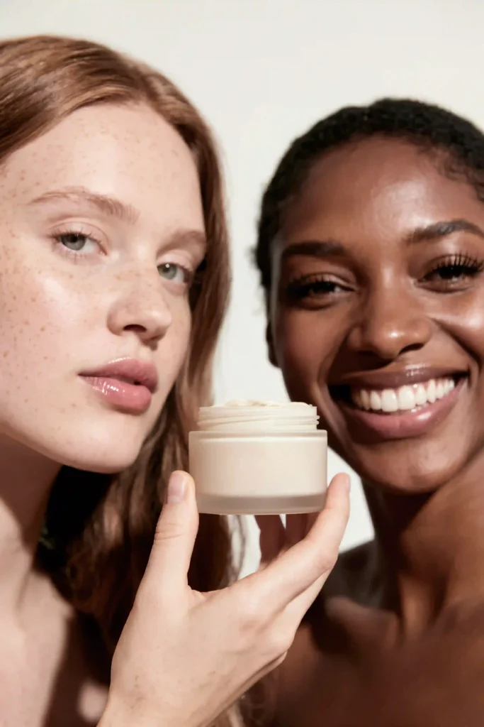 Mujeres de distintos tipos de piel mostrando productos de skincare adecuados para necesidades variadas.