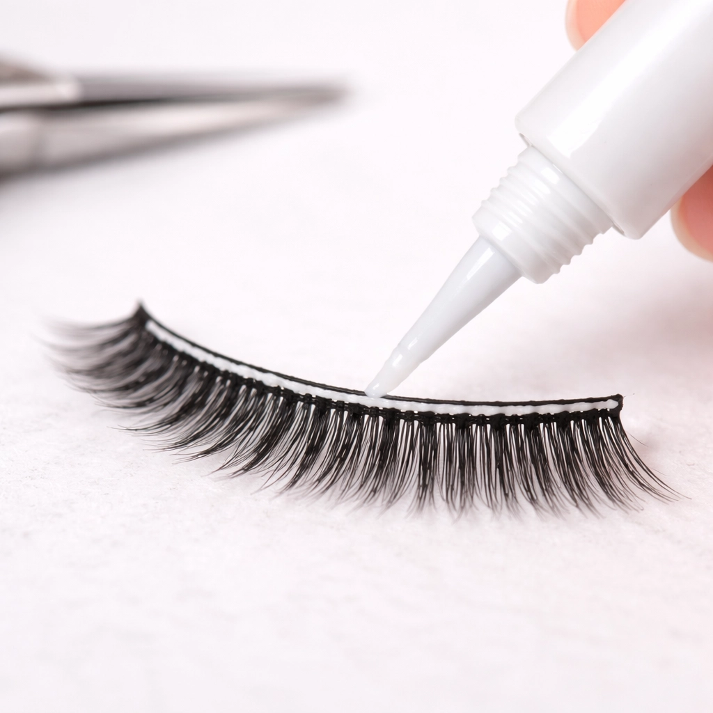 Colocación de pegamento en las pestañas postizas