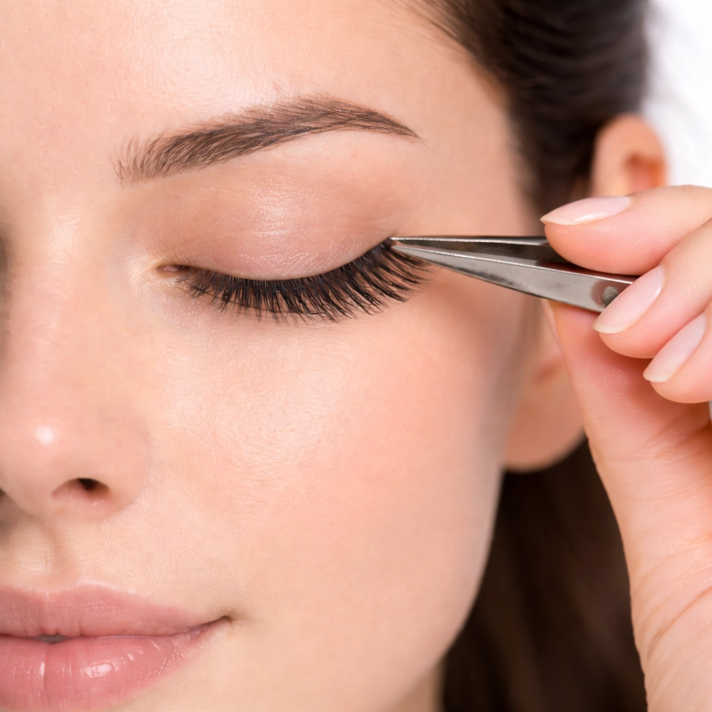 Mujer colocando con pinzas las pestañas postizas