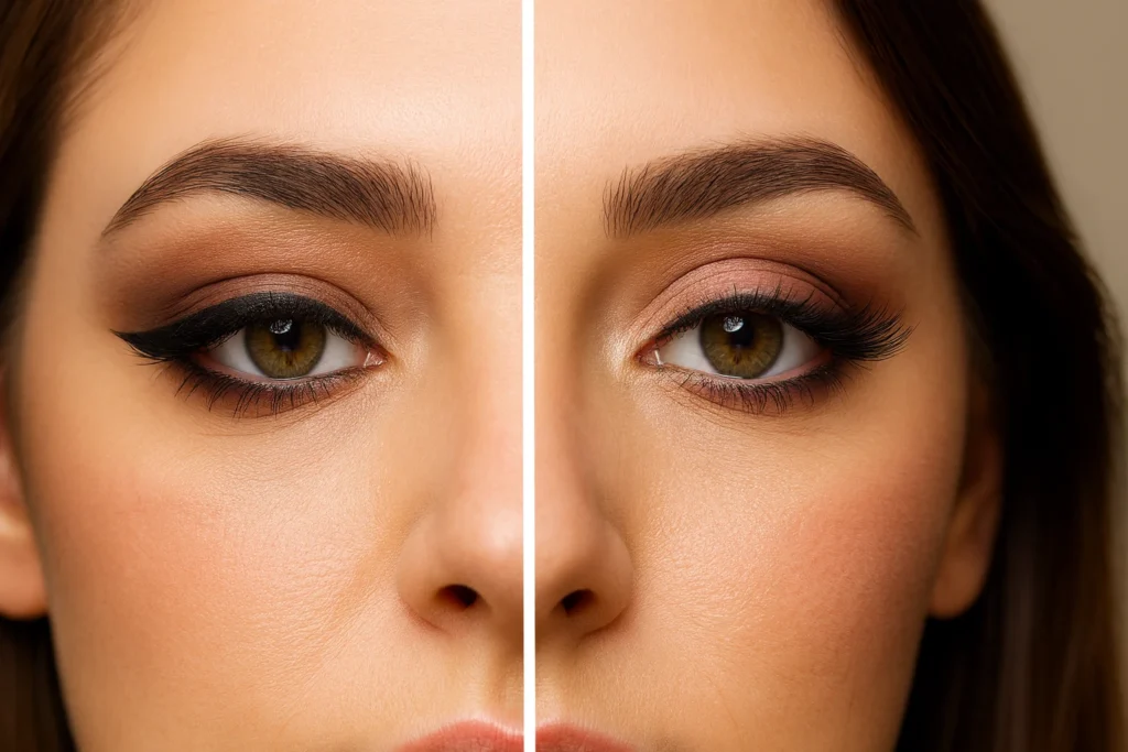 Comparación de chica con maquillaje ideal para párpados caídos