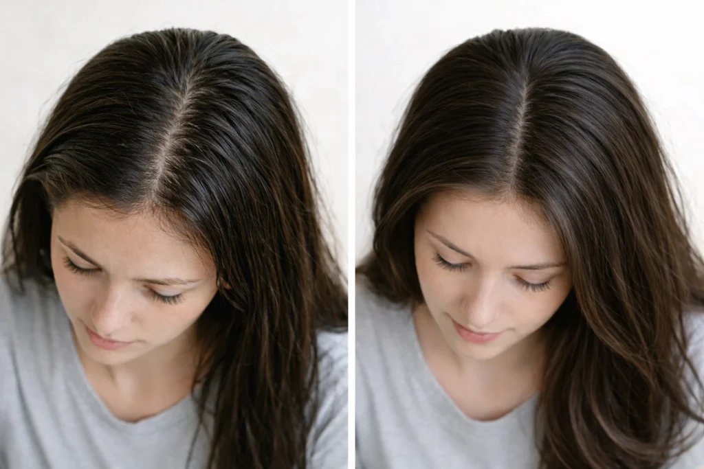 Comparación de un pelo graso y un pelo sin grasa