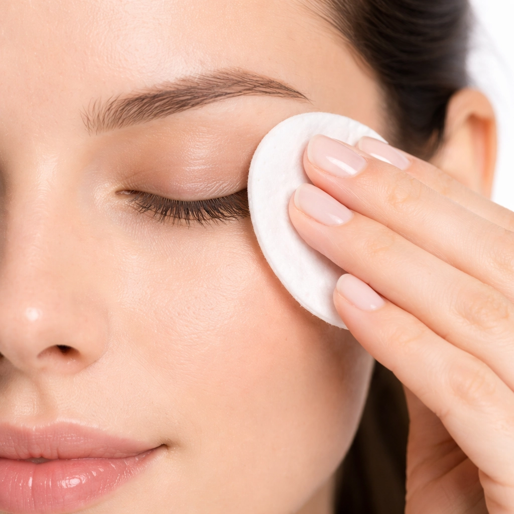 Mujer limpiando el área del ojo antes de colocarse las pestañas postizas