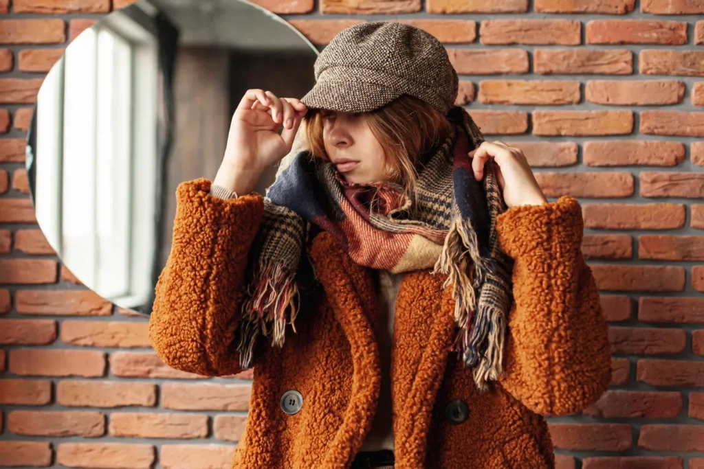Mujer joven con outfit de otoño-invierno, jugando con capas y colores neutros con un toque vibrante.