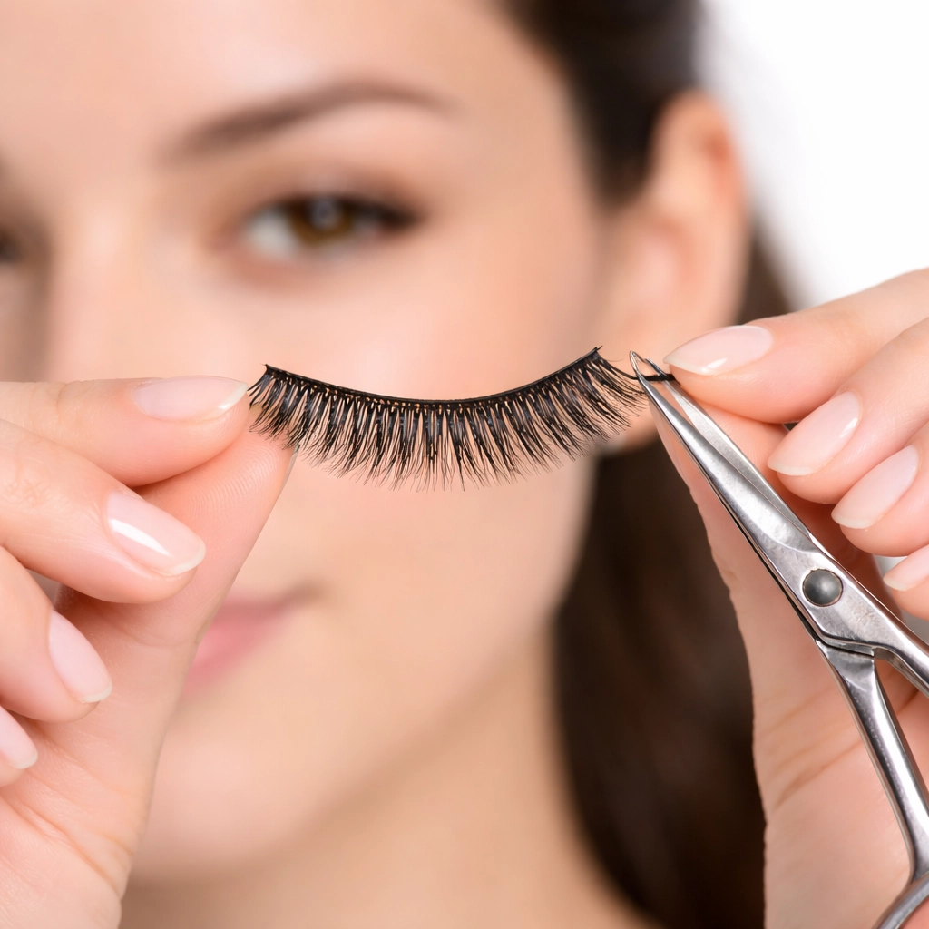 Mujer joven midiendo el largo de las pestañas postizas para luego cortar el exceso