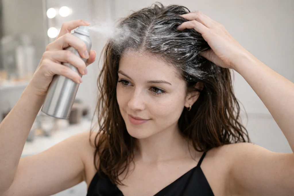 Mujer joven aplicándose shampoo en seco para ayudar con el pelo graso