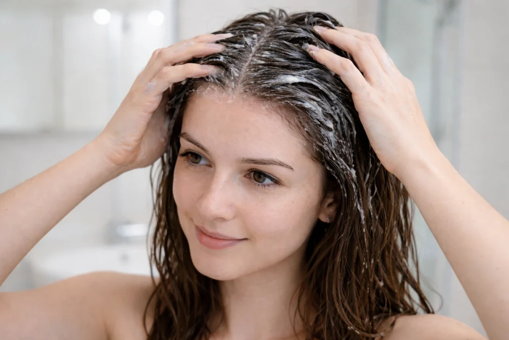 Mujer joven aplicándose mascarilla en el pelo