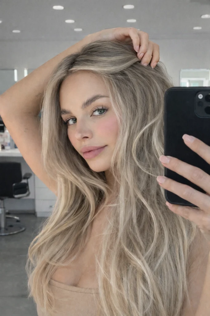 Mujer sonriente con cabello rubio ceniza