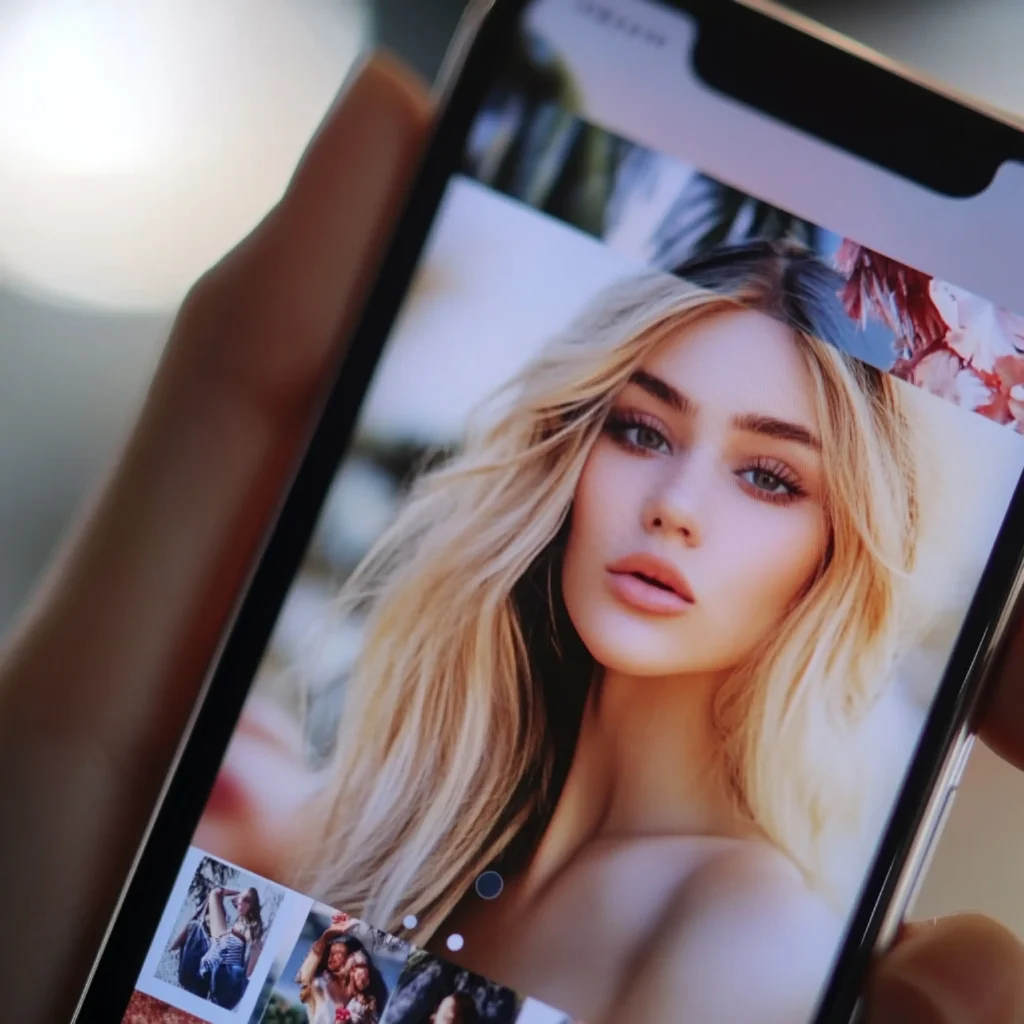 Primer plano de un rostro en una pantalla de teléfono con un filtro que suaviza y unifica los rasgos faciales