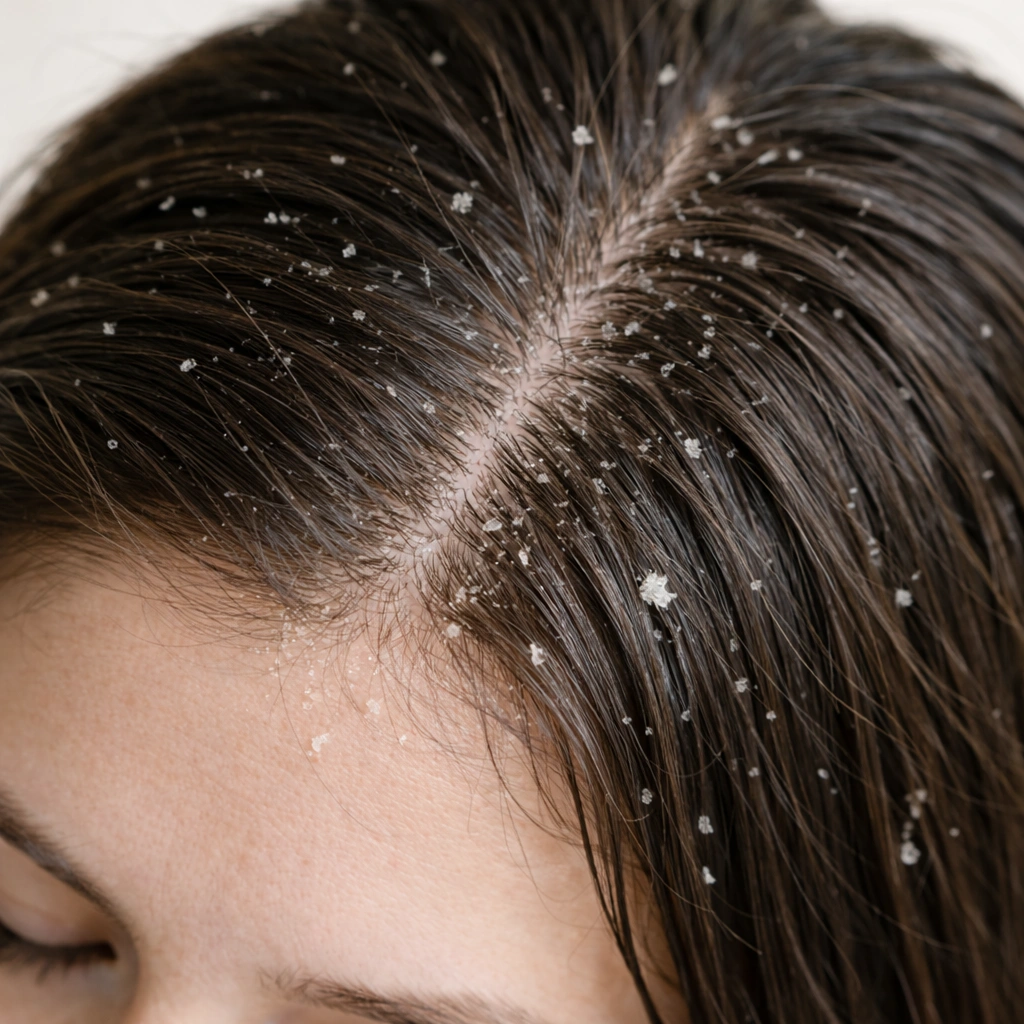 Close up de mujer joven con caspa seca