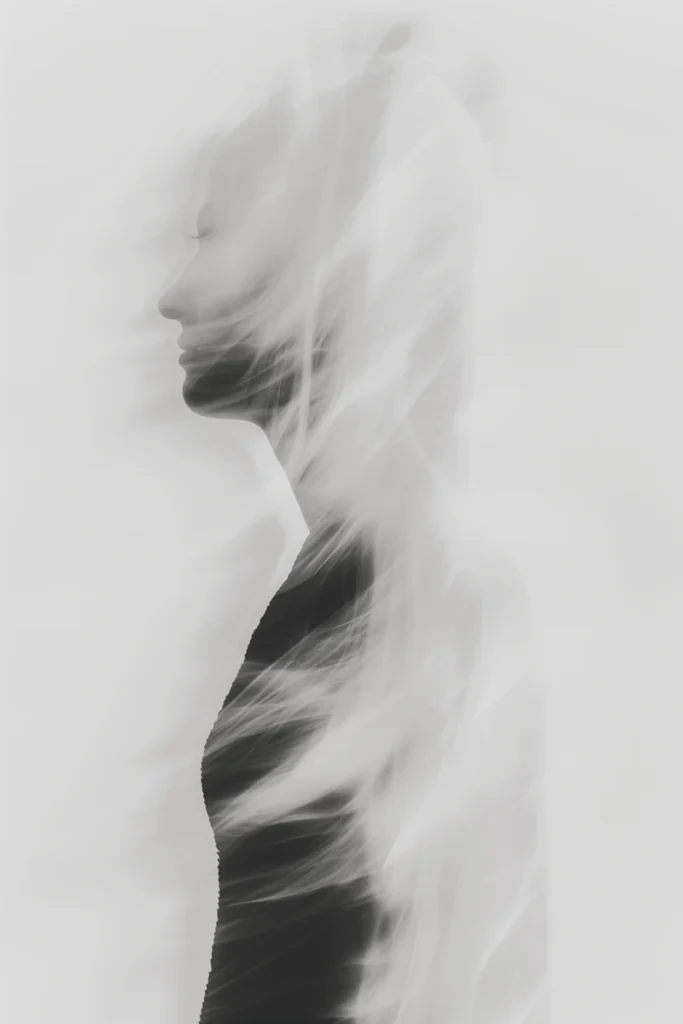 Perfil femenino con luz suave que evoca serenidad y dimensión espiritual de la belleza.