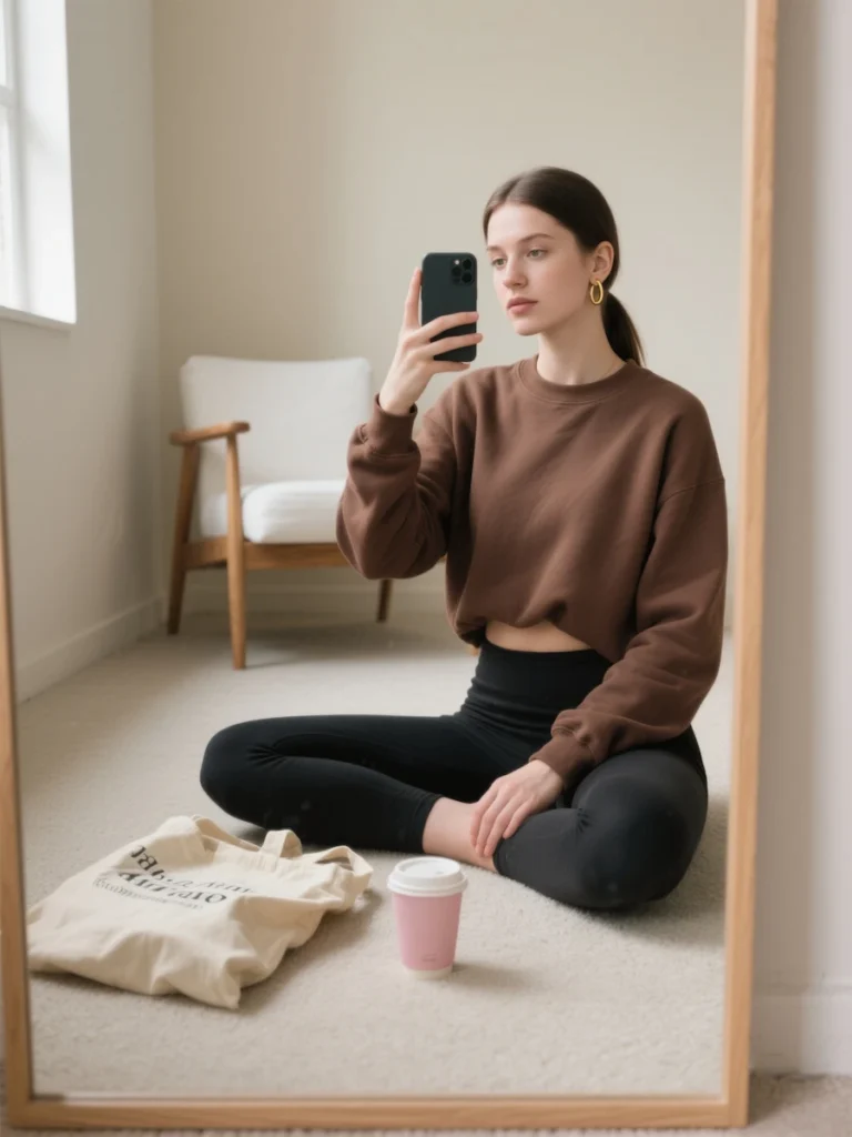 Retrato frente al espejo que transmite imagen real sin filtros y aceptación personal.