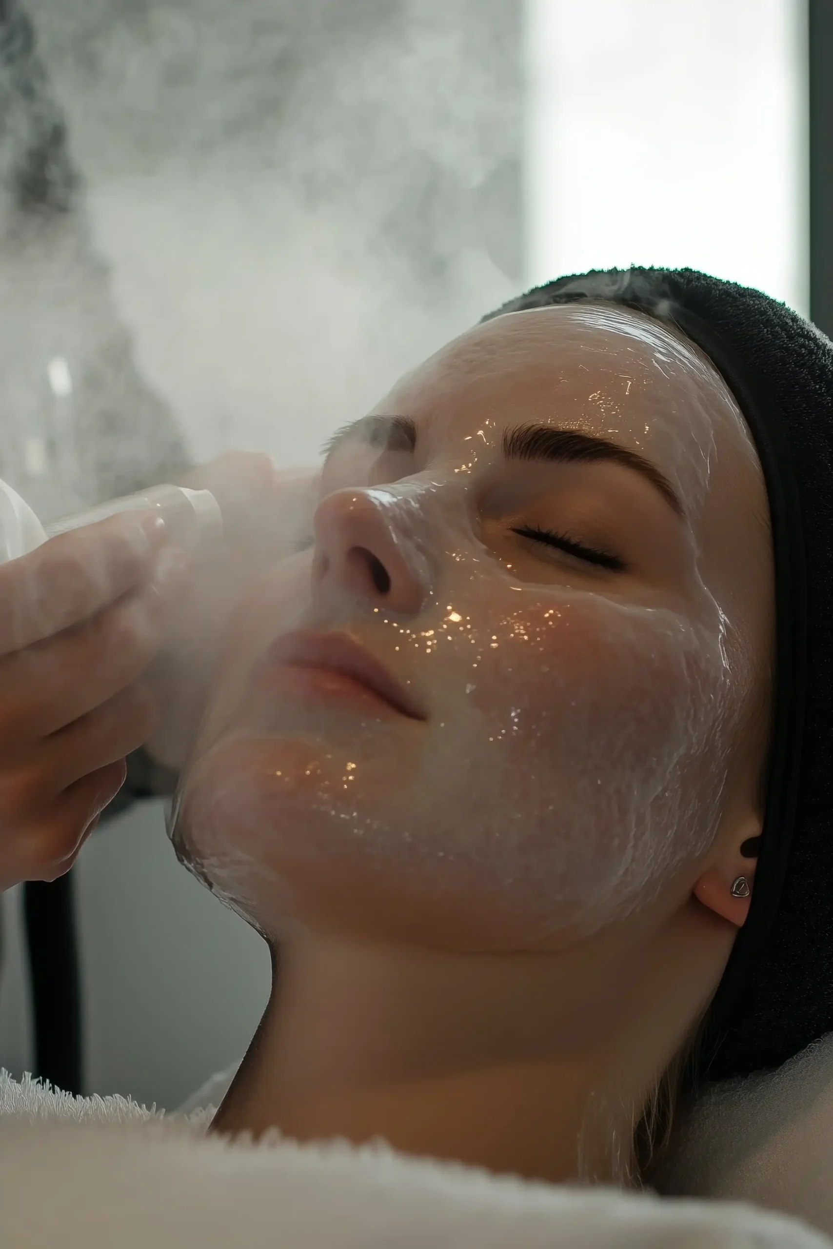 Mujer aplicándose vapor en el rostro como parte de su limpieza facial