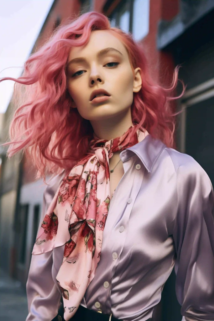 Joven mujer con pelo color rosa pastel