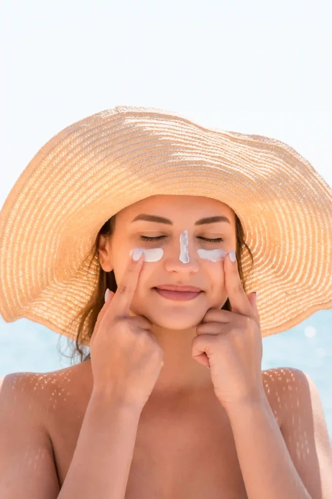Mujer aplicando crema con protector solar facial sobre la piel
