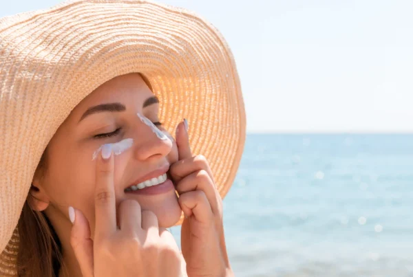 Mujer aplicando protector solar facial antes de exponerse al sol en la playa