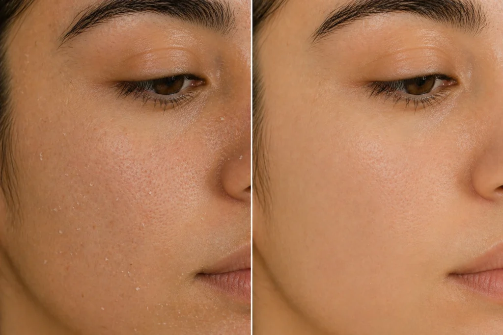 Closeup de rostro mostrando el antes y después de la exfoliación facial