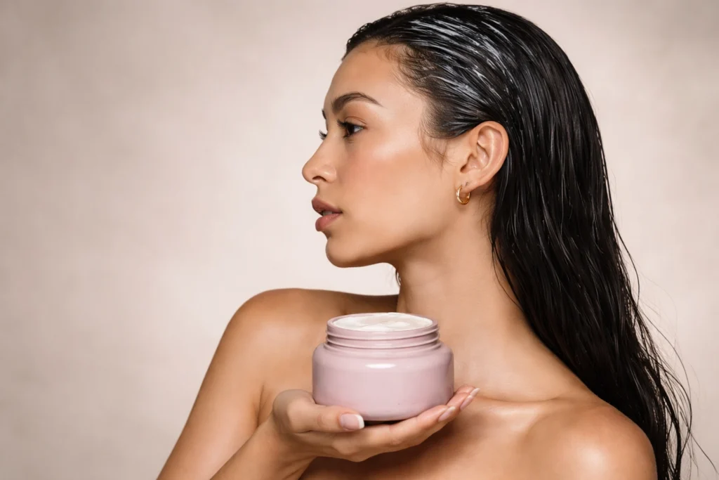 Aplicación de mascarillas en pelo largo de mujer joven