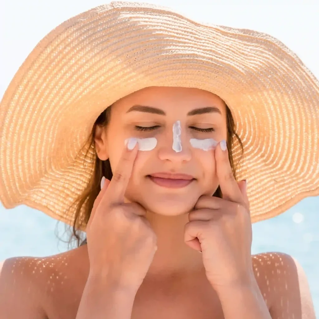 Mujer joven aplicándose protector solar en el rostro