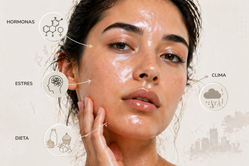 Mujer joven mostrando las causas de las causas de piel grasa