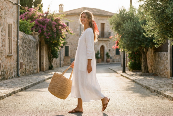 Mujer con look fresco y elegante mostrando cómo vestirte en verano moda 2026 con prendas ligeras
