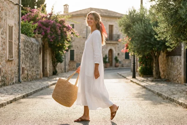 Mujer con vestido blanco holgado, bolso de rafia y sandalias caminando por una calle soleada
