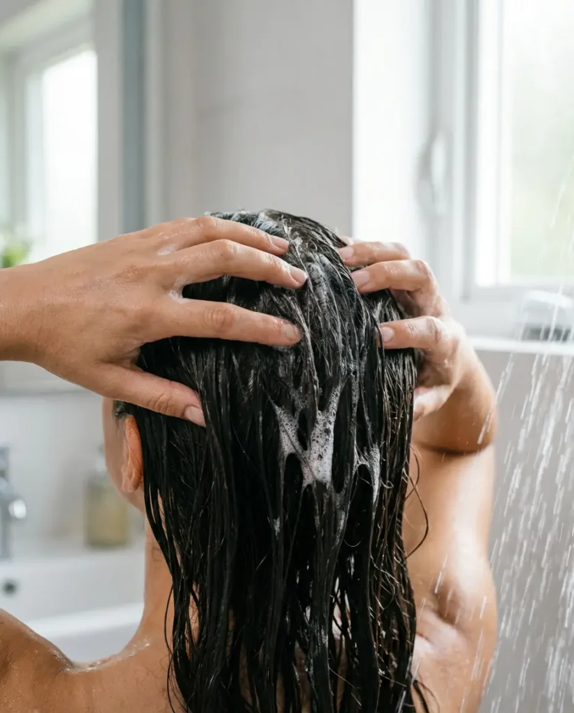 Manos masajeando el cuero cabelludo con champú durante el lavado del cabello con técnica correcta