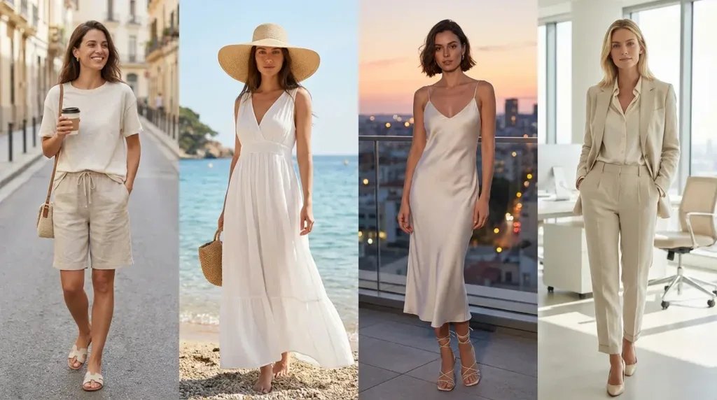 Cuatro looks de verano para mujer con bermudas de lino, vestidos blancos y traje beige