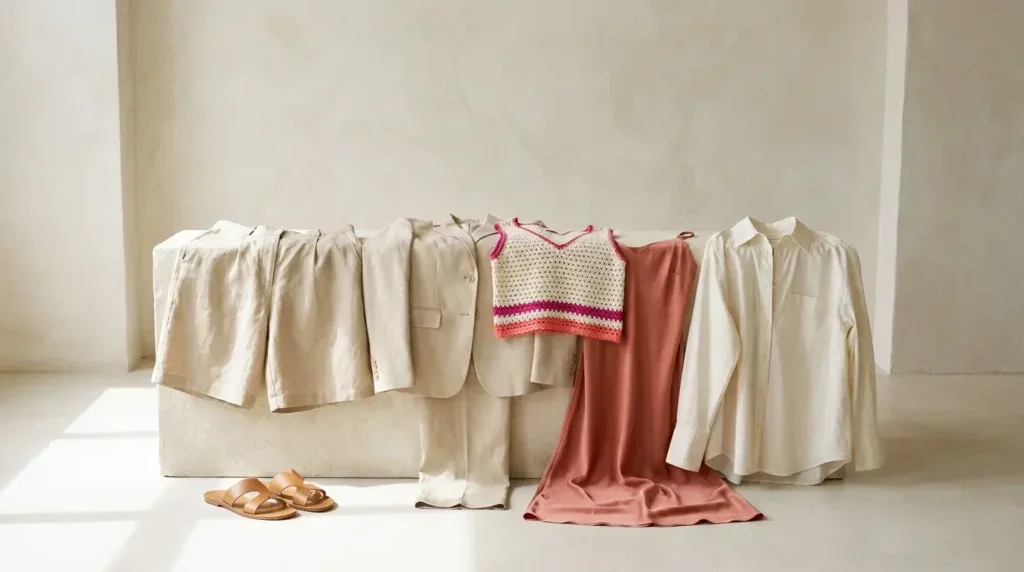 Conjunto de prendas veraniegas en tonos neutros y coral para un look de noche en terraza